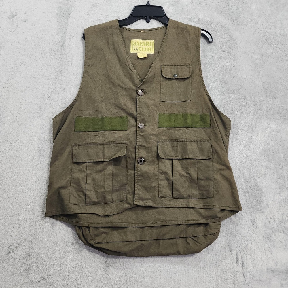 Vintage Safari Club Vest Mens XL Green Cotton Hunting Utility Multi Pocket Cargo